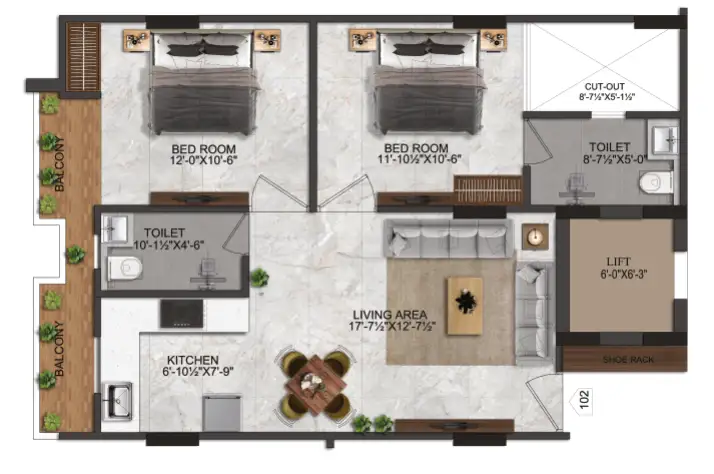 2 BHK Floor Plan 1