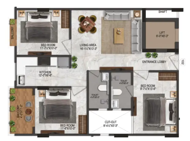 3 BHK Floor Plan 1