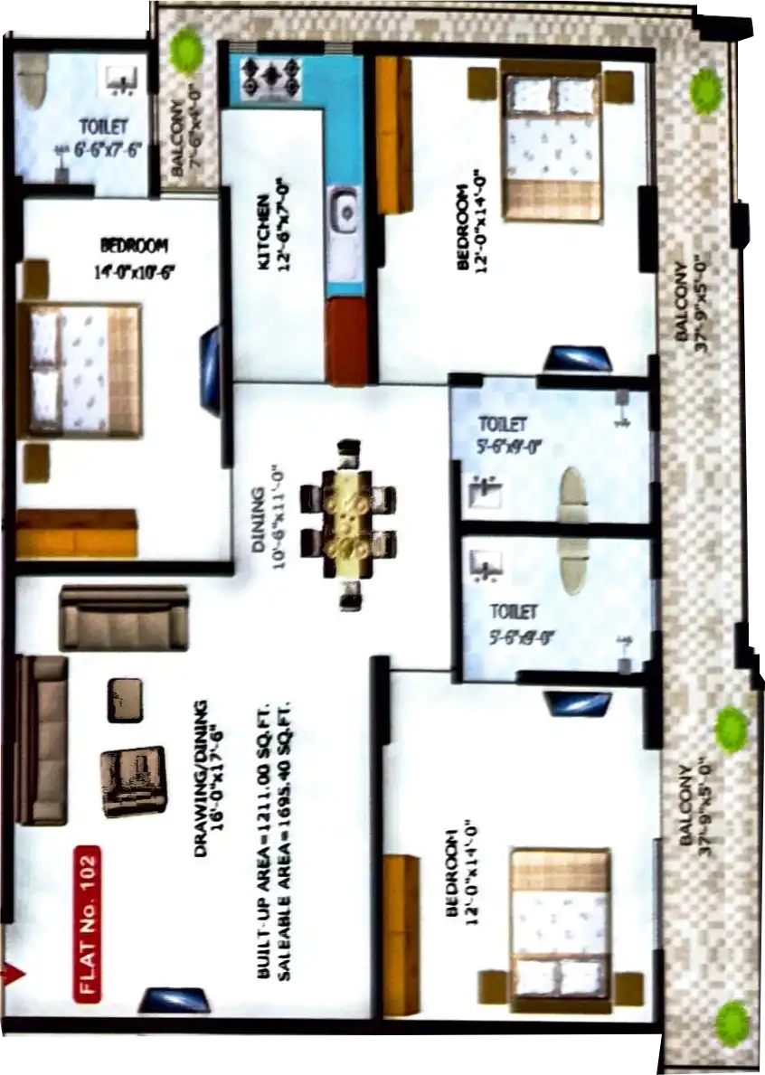 3 BHK Floor Plan 1