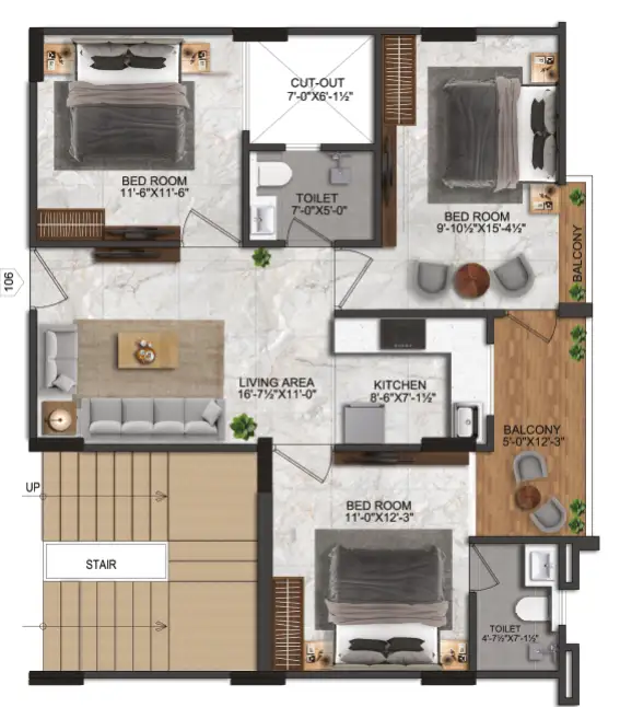 3 BHK Floor Plan 1
