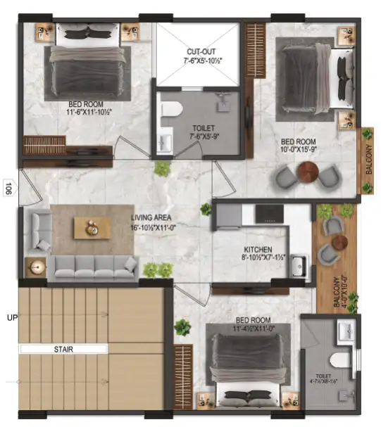 3 BHK Floor Plan 1