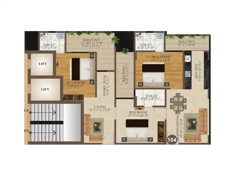 3 BHK Floor Plan 1