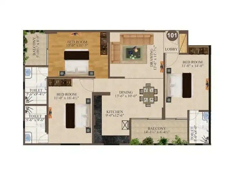 3 BHK Floor Plan 1