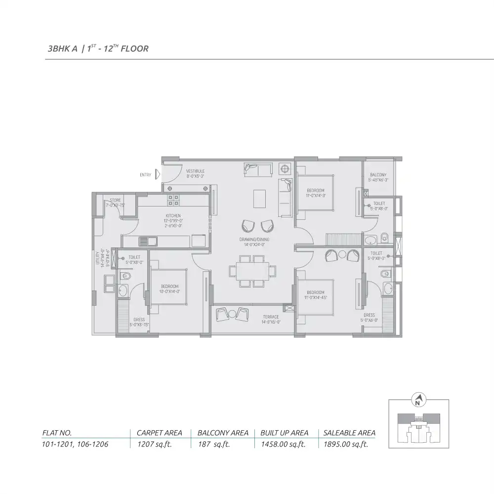 3 BHK Floor Plan 1