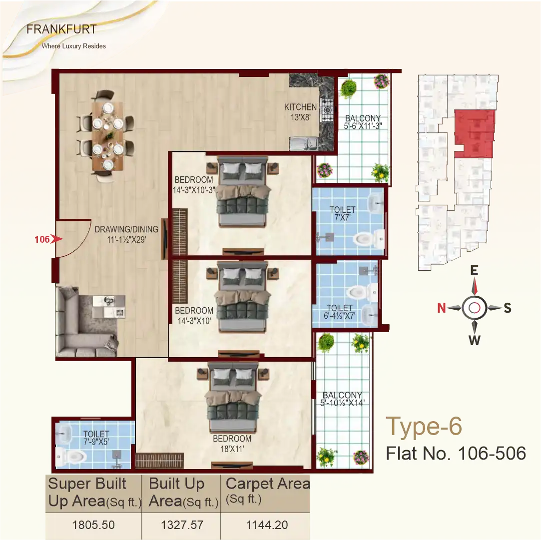 3 BHK Floor Plan 1