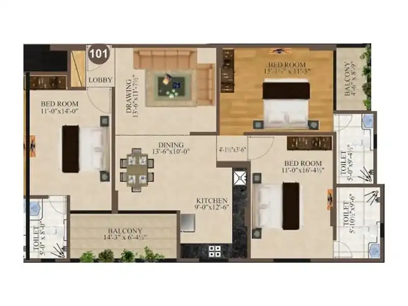 3 BHK Floor Plan 1