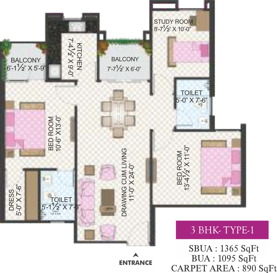 3 BHK Floor Plan 1