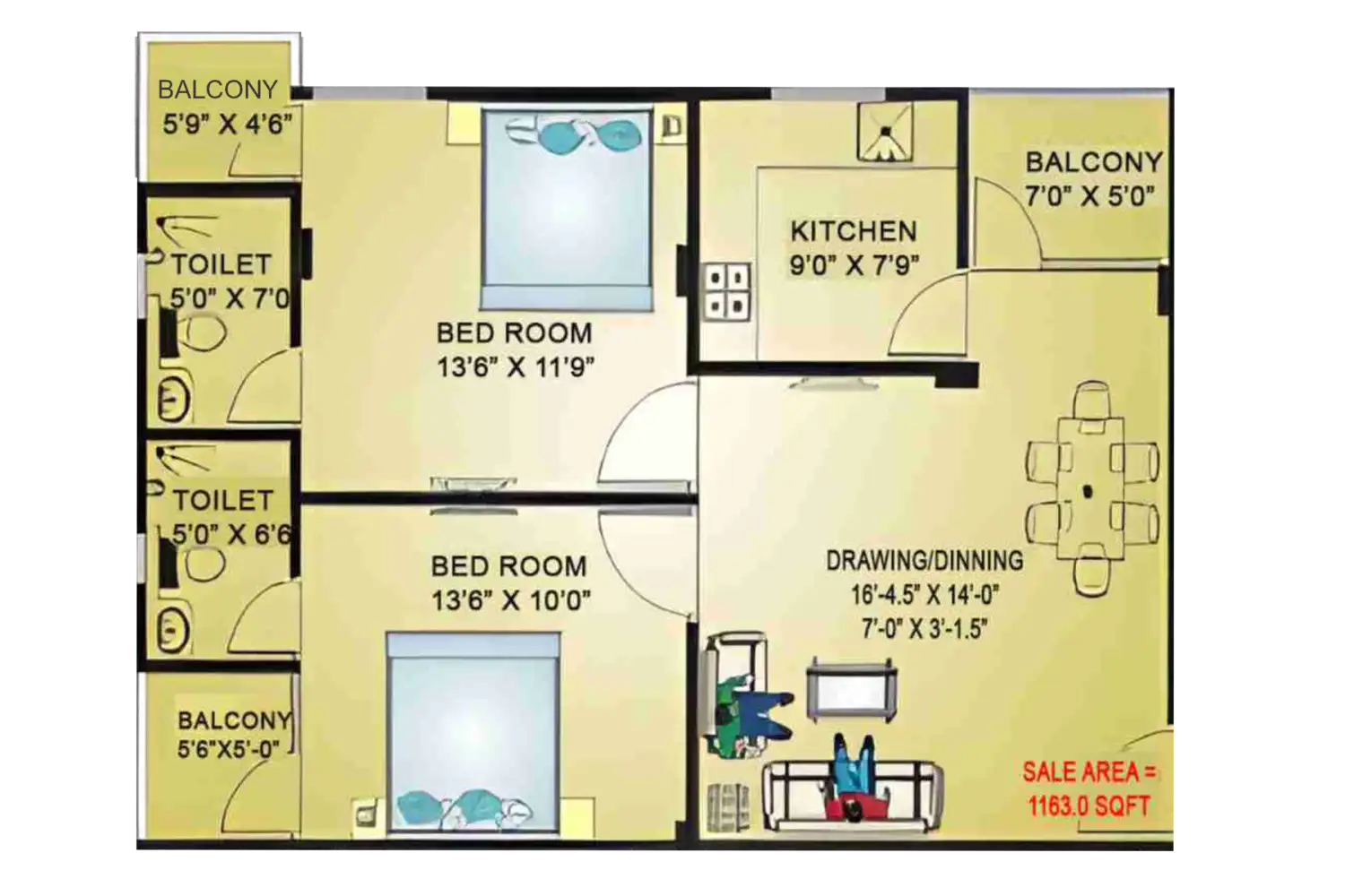 2 BHK Floor Plan 1