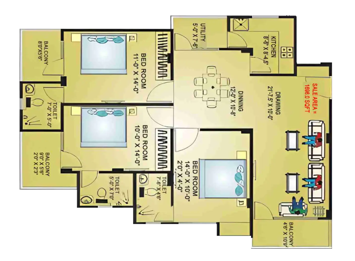 3 BHK Floor Plan 1
