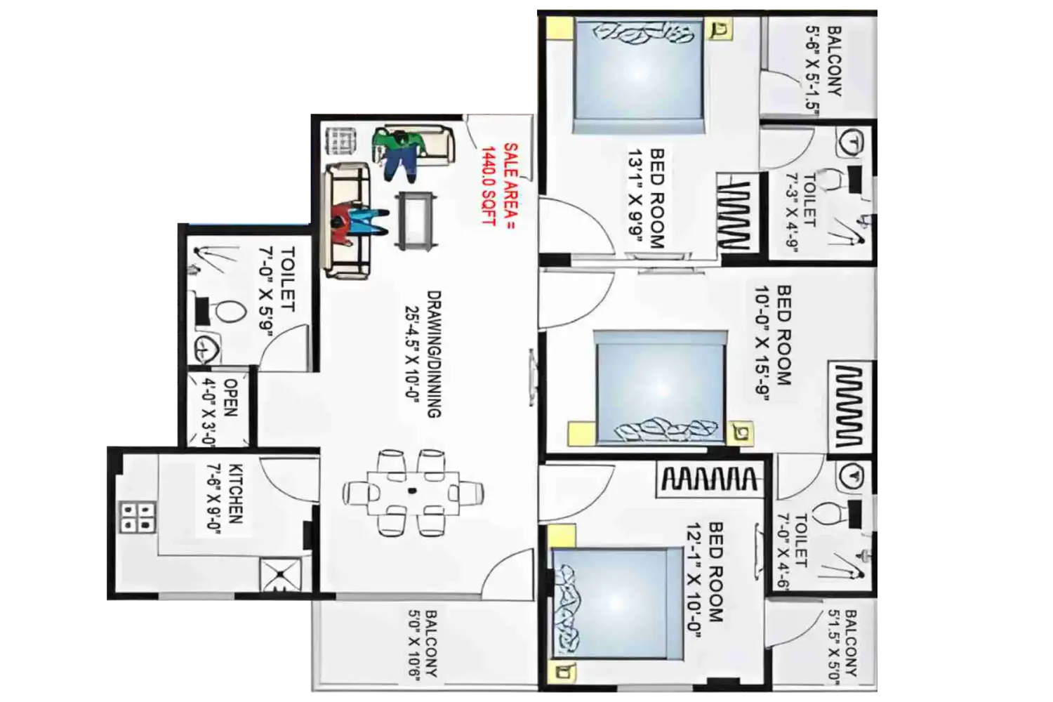 3 BHK Floor Plan 1