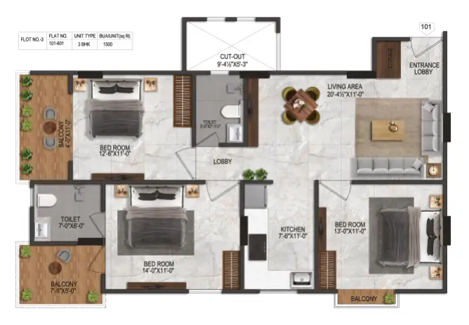 3 BHK Floor Plan 1
