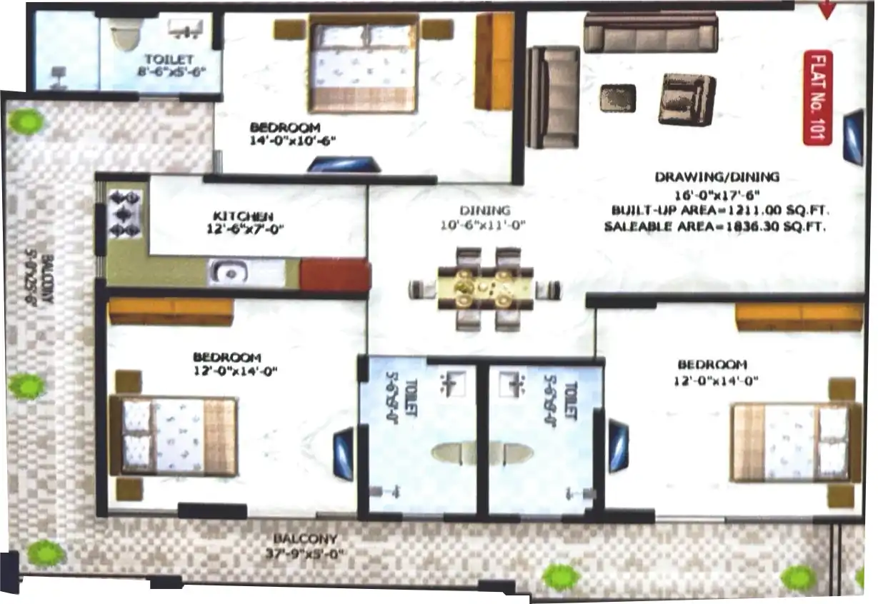 3 BHK Floor Plan 1
