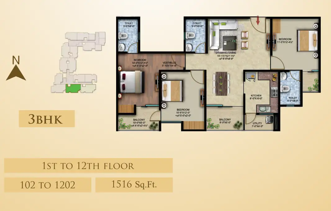 3 BHK Floor Plan 1