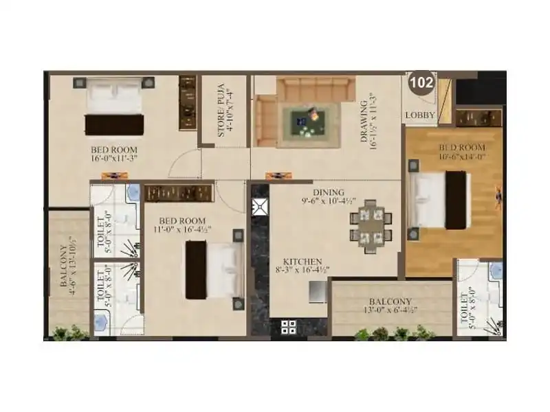 3 BHK Floor Plan 1