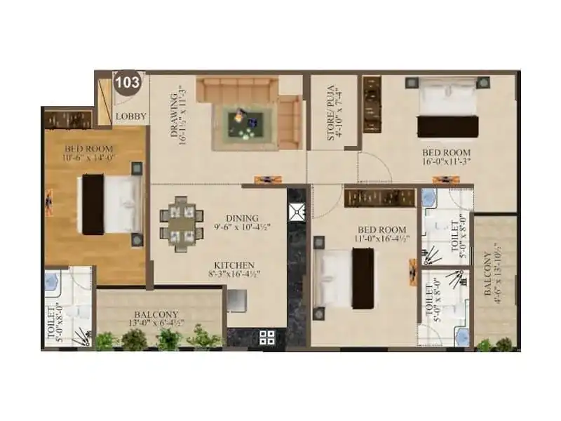 3 BHK Floor Plan 1