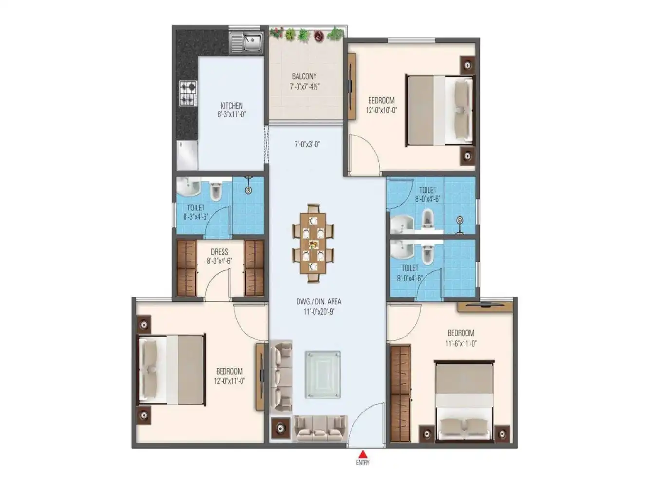 3 BHK Floor Plan 1