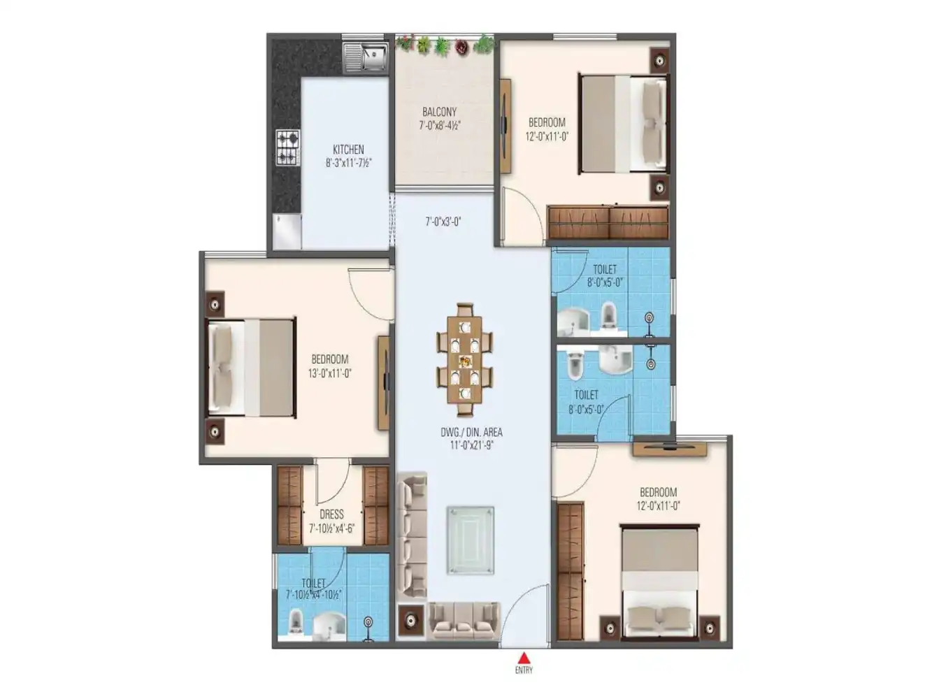 3 BHK Floor Plan 1