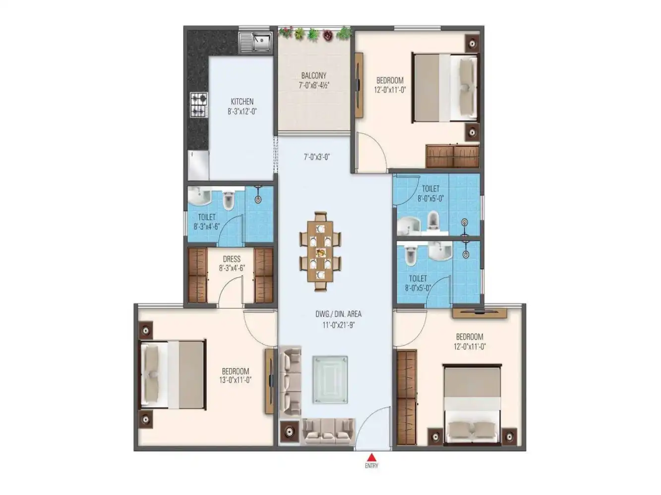 3 BHK Floor Plan 1