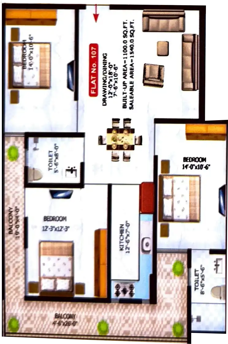 3 BHK Floor Plan 1