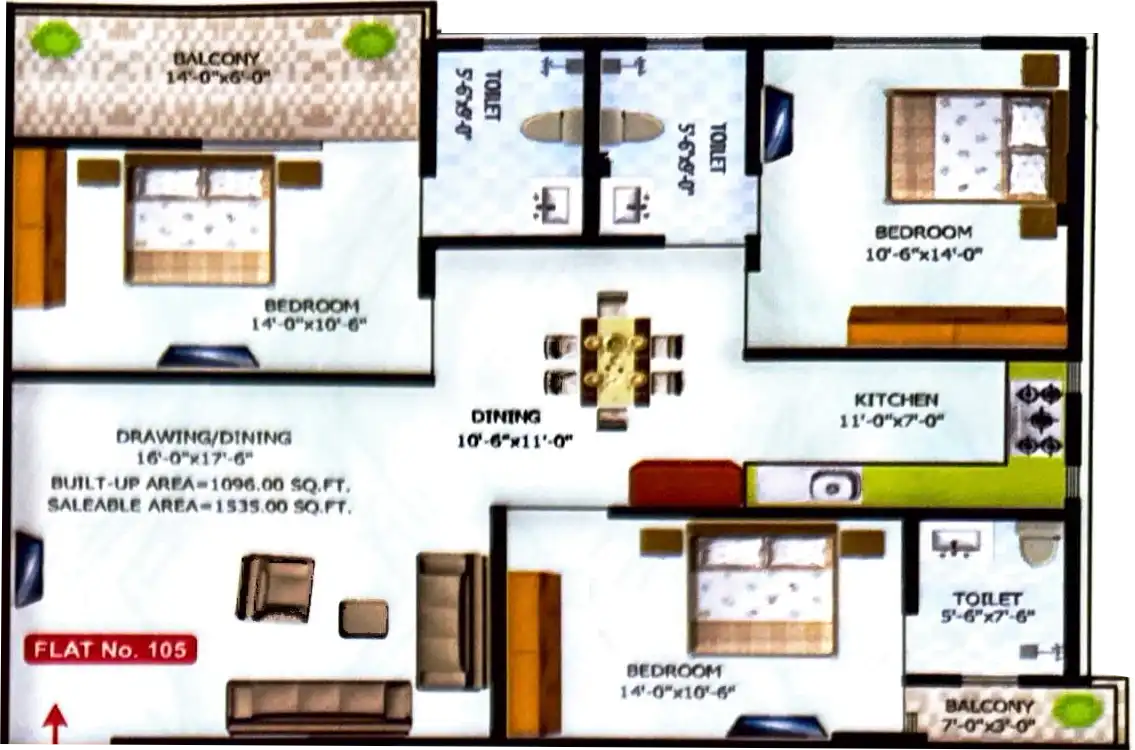 3 BHK Floor Plan 1