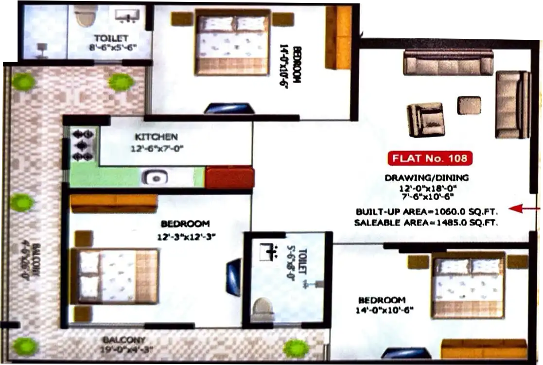 3 BHK Floor Plan 1