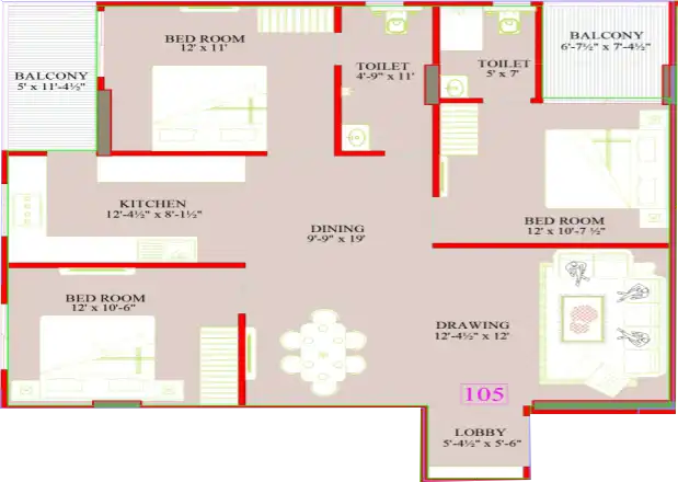 3 BHK Floor Plan 1
