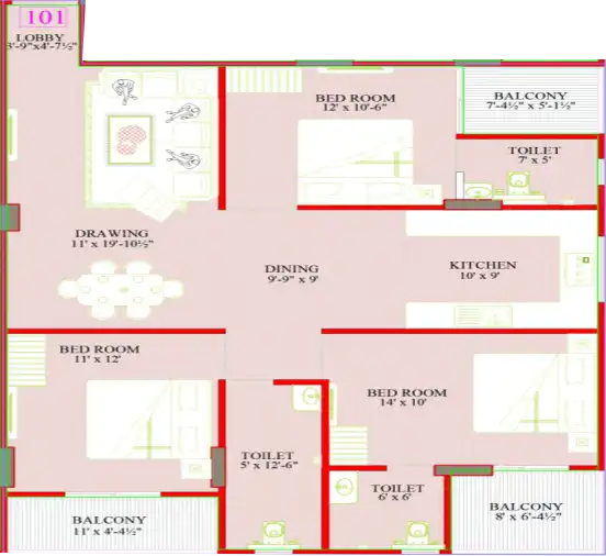 3 BHK Floor Plan 1