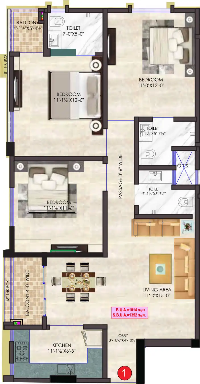 3 BHK Floor Plan 1