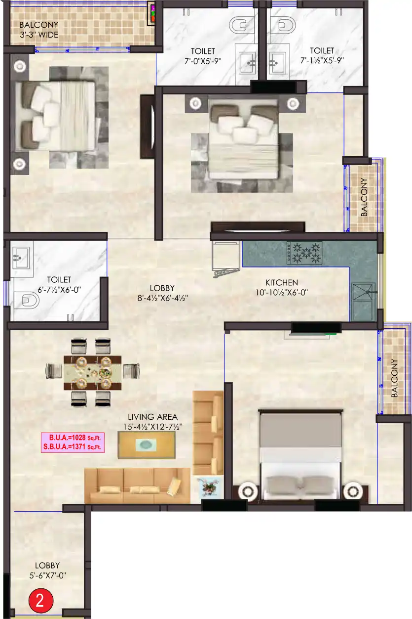 3 BHK Floor Plan 1